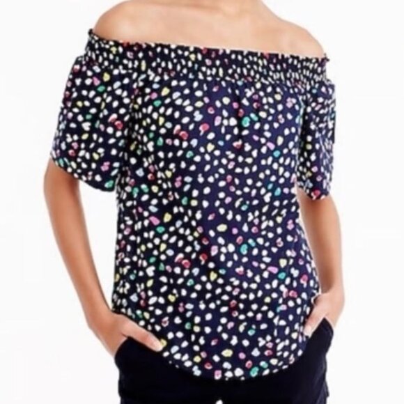 J. Crew Womens Off-The-Shoulder Smocked Top Size 2 Multicolor Dot Print - Picture 1 of 7